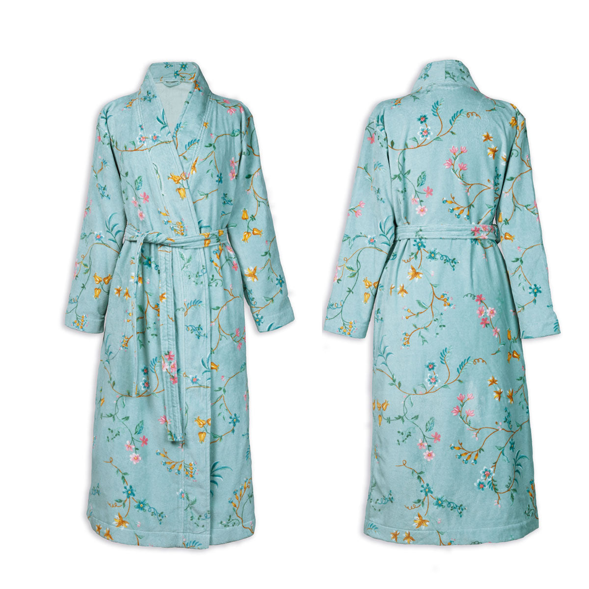 PIP Studio Les Fleurs Cotton Bath Robe in Blue, featuring floral print and quilted collar, perfect for comfort and style.