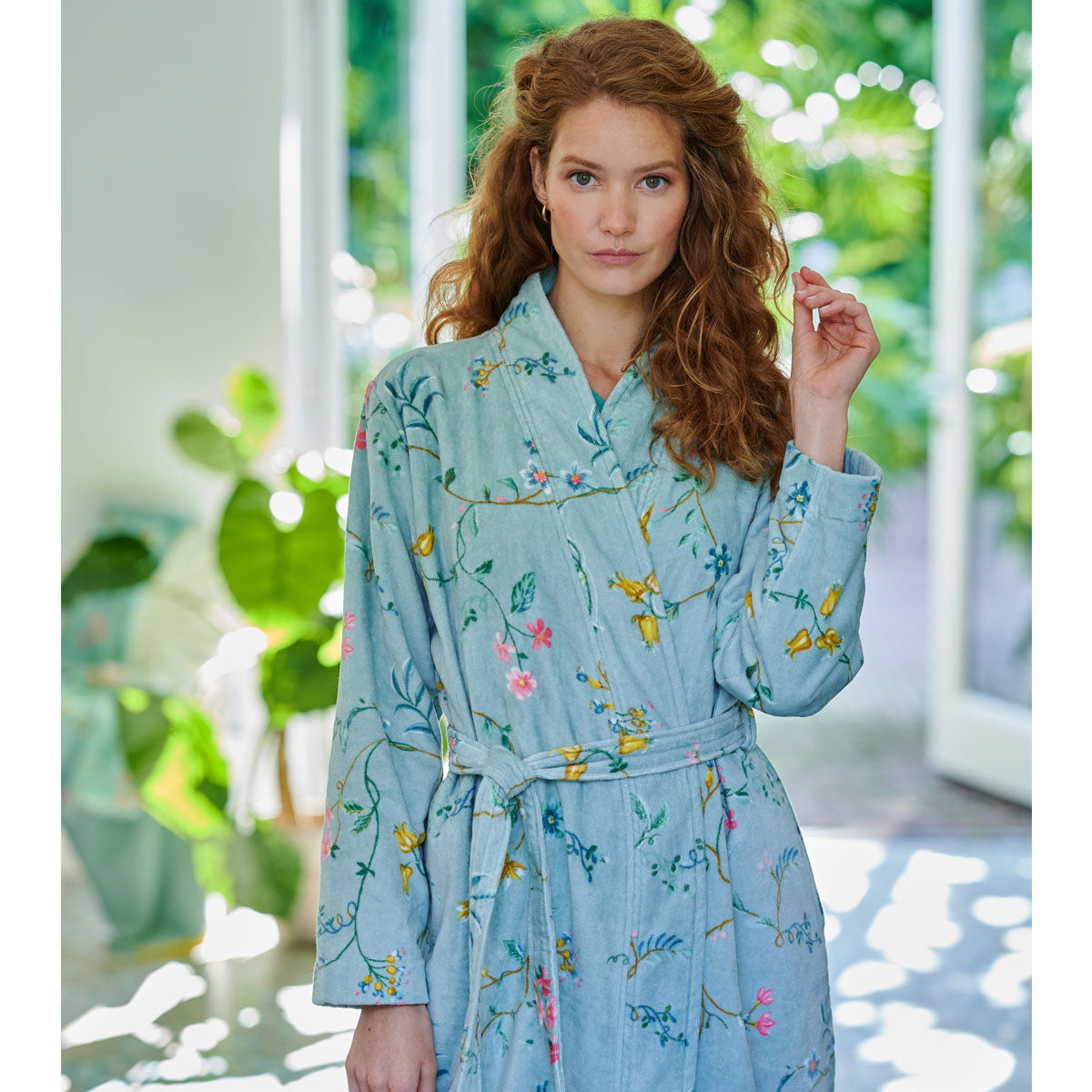 PIP Studio Les Fleurs Cotton Bath Robe in Blue, featuring floral print and quilted collar, perfect for comfort and style.