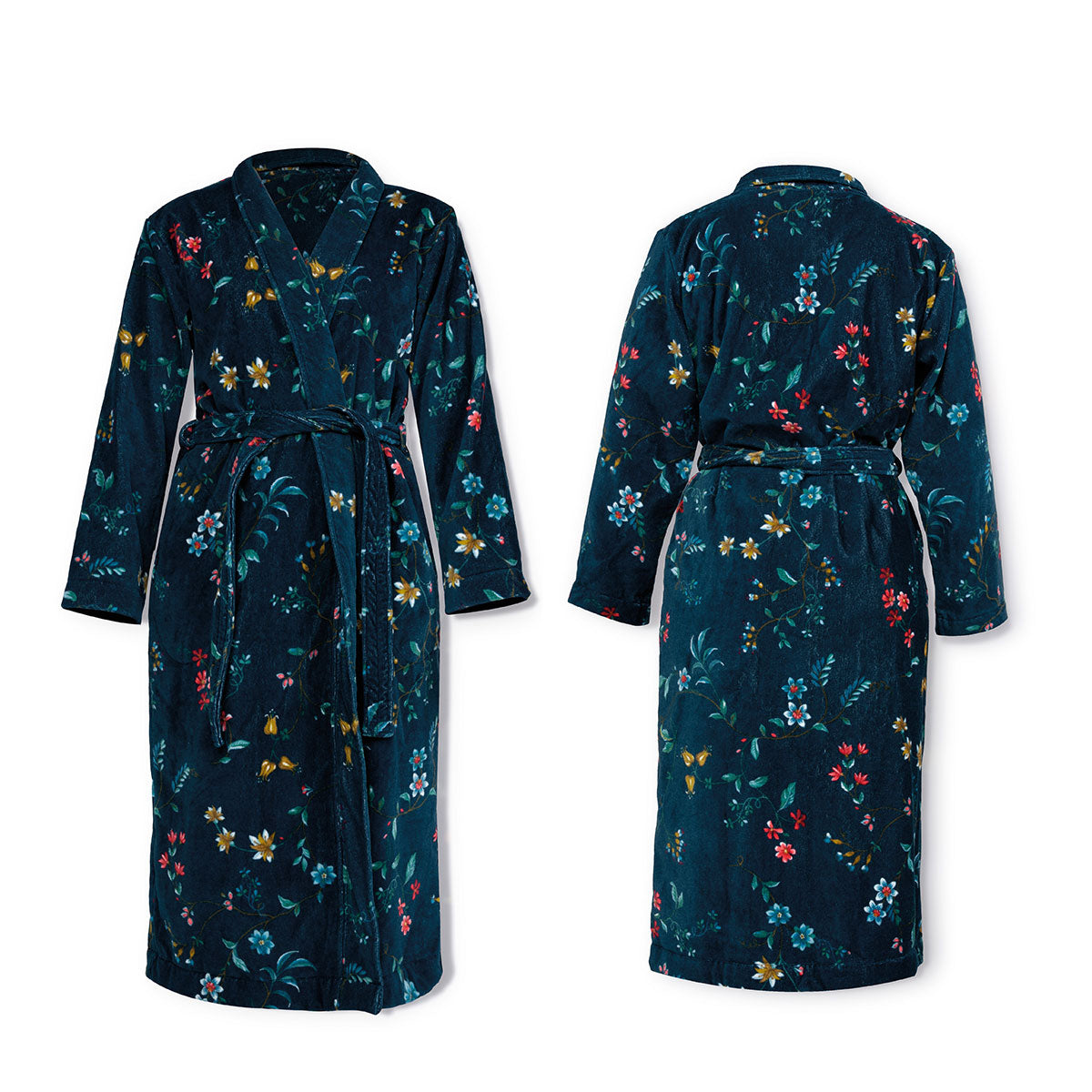 PIP Studio Les Fleurs Cotton Bath Robe in Dark Blue featuring floral print and quilted collar.