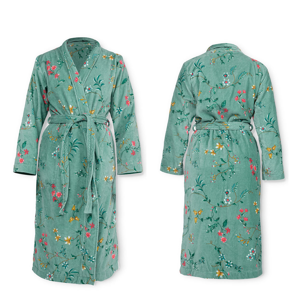 PIP Studio Les Fleurs Cotton Bath Robe in Green, featuring floral print and quilted collar, perfect for relaxation and comfort.