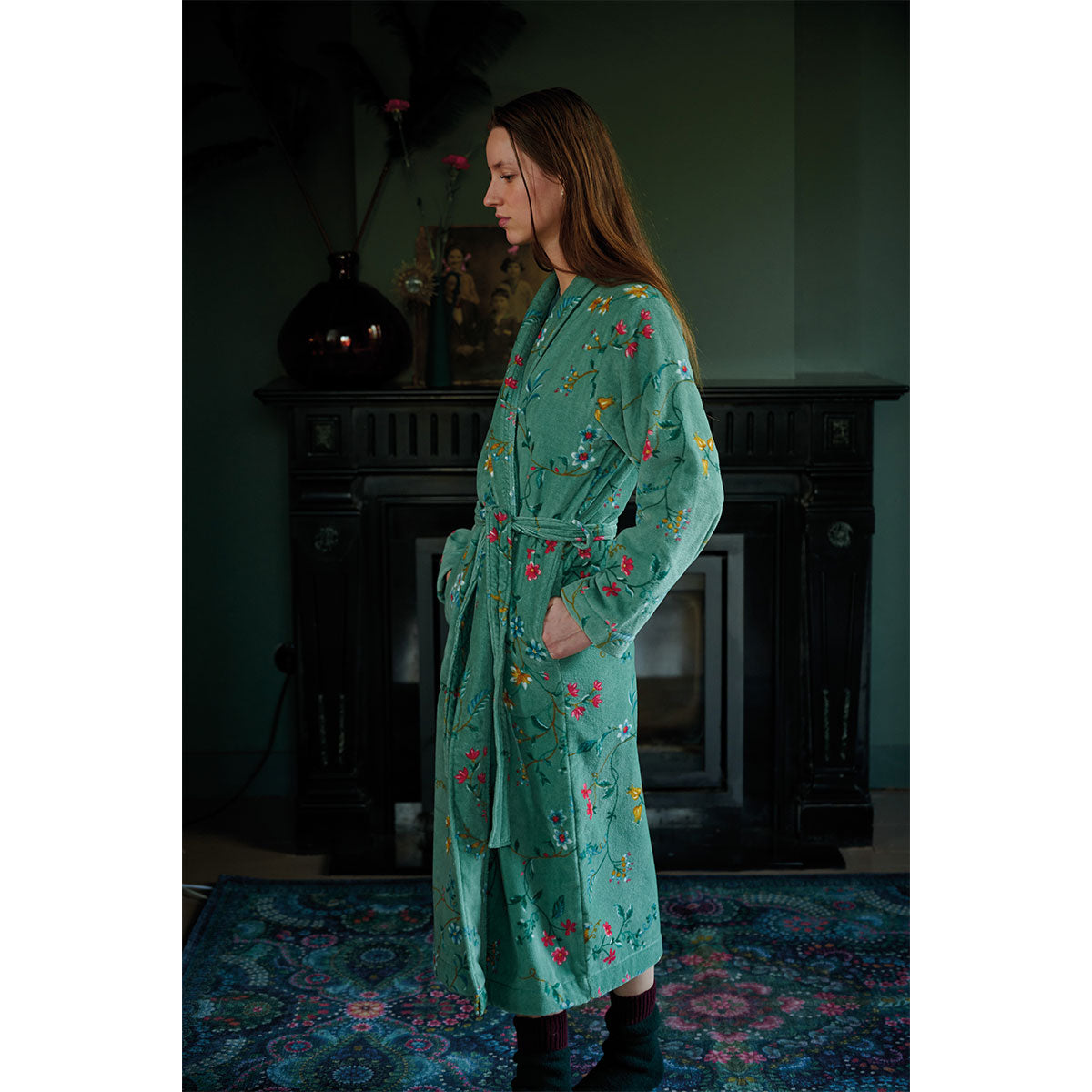 PIP Studio Les Fleurs Cotton Bath Robe in Green, featuring floral print and quilted collar, perfect for relaxation and comfort.