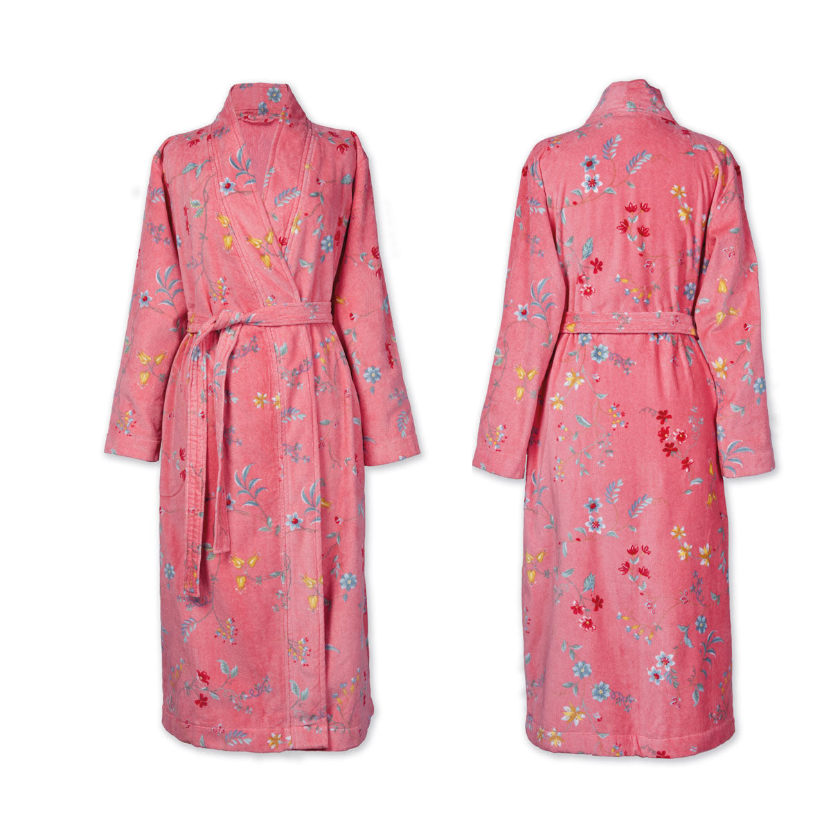 PIP Studio Les Fleurs Cotton Bath Robe in pink with floral print and quilted collar, featuring side pockets and a long belt.