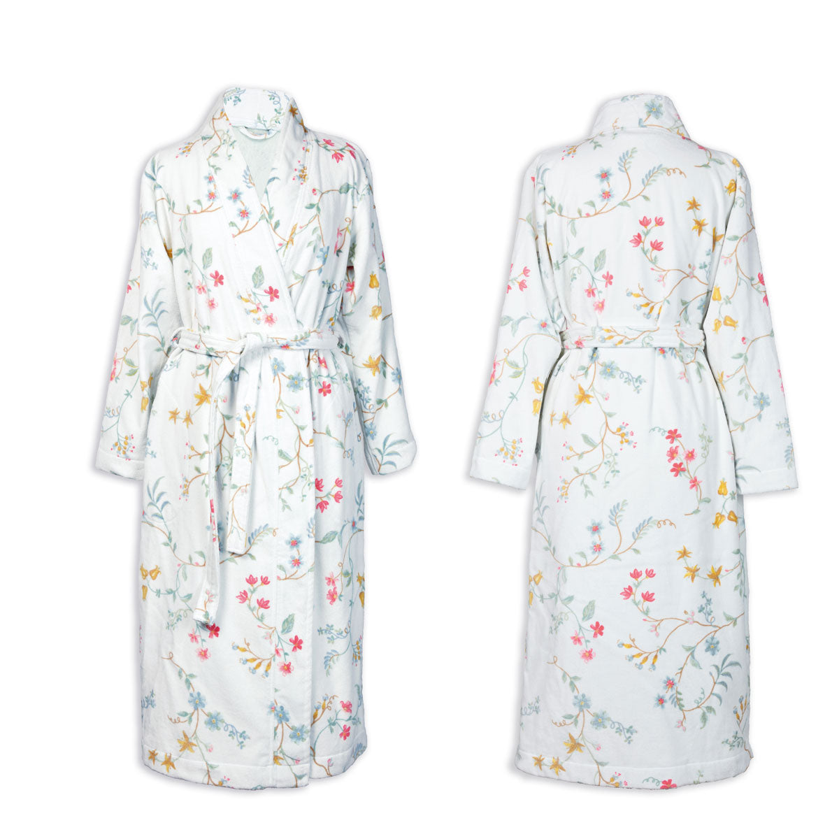 PIP Studio Les Fleurs Cotton Bath Robe in White XXL featuring a floral print design with a quilted collar and side pockets.