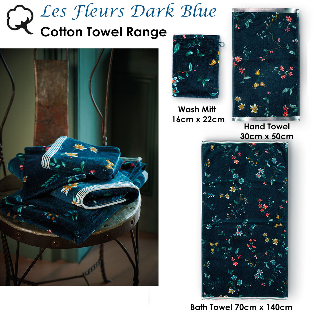 PIP Studio Les Fleurs Dark Blue Wash Mitt featuring elegant floral print in vibrant colors.