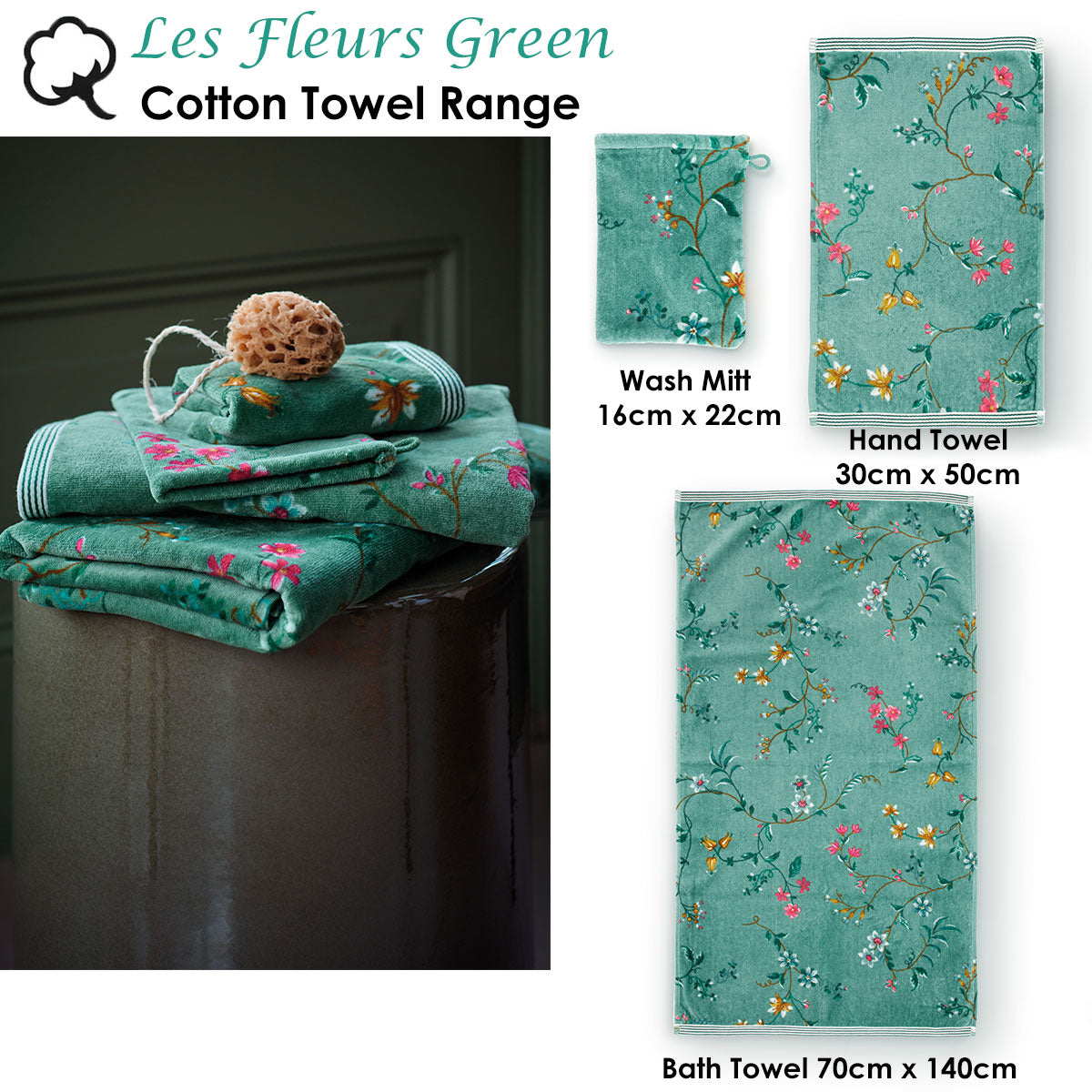 PIP Studio Les Fleurs Green Wash Mitt featuring elegant floral print in vibrant colors.