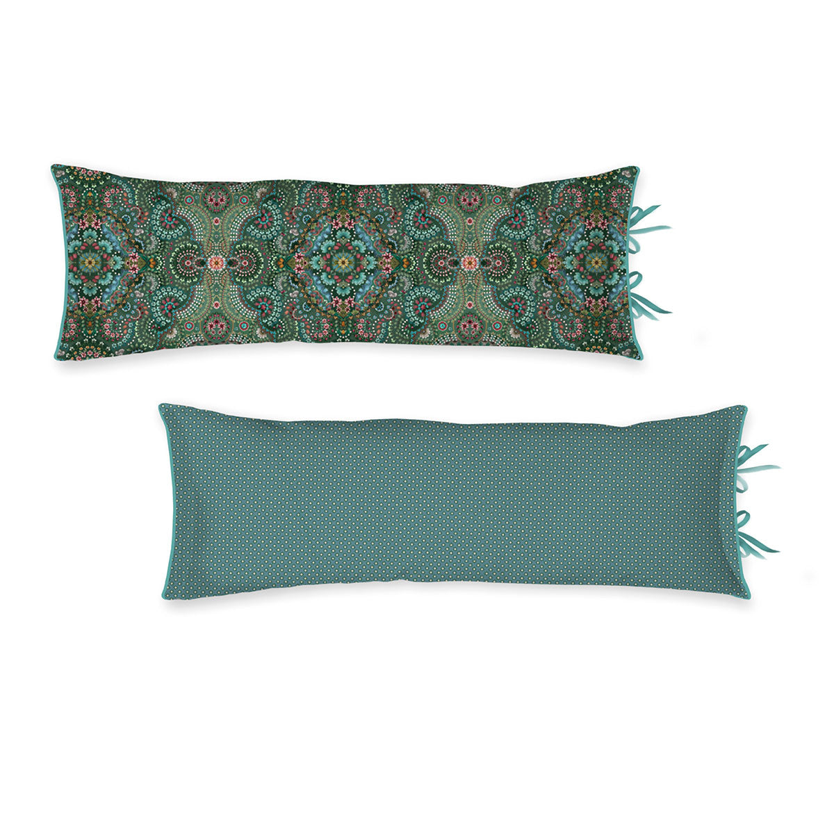 PIP Studio Moon Delight Green Filled Oblong Cushion featuring paisley patterns and geometric star design.