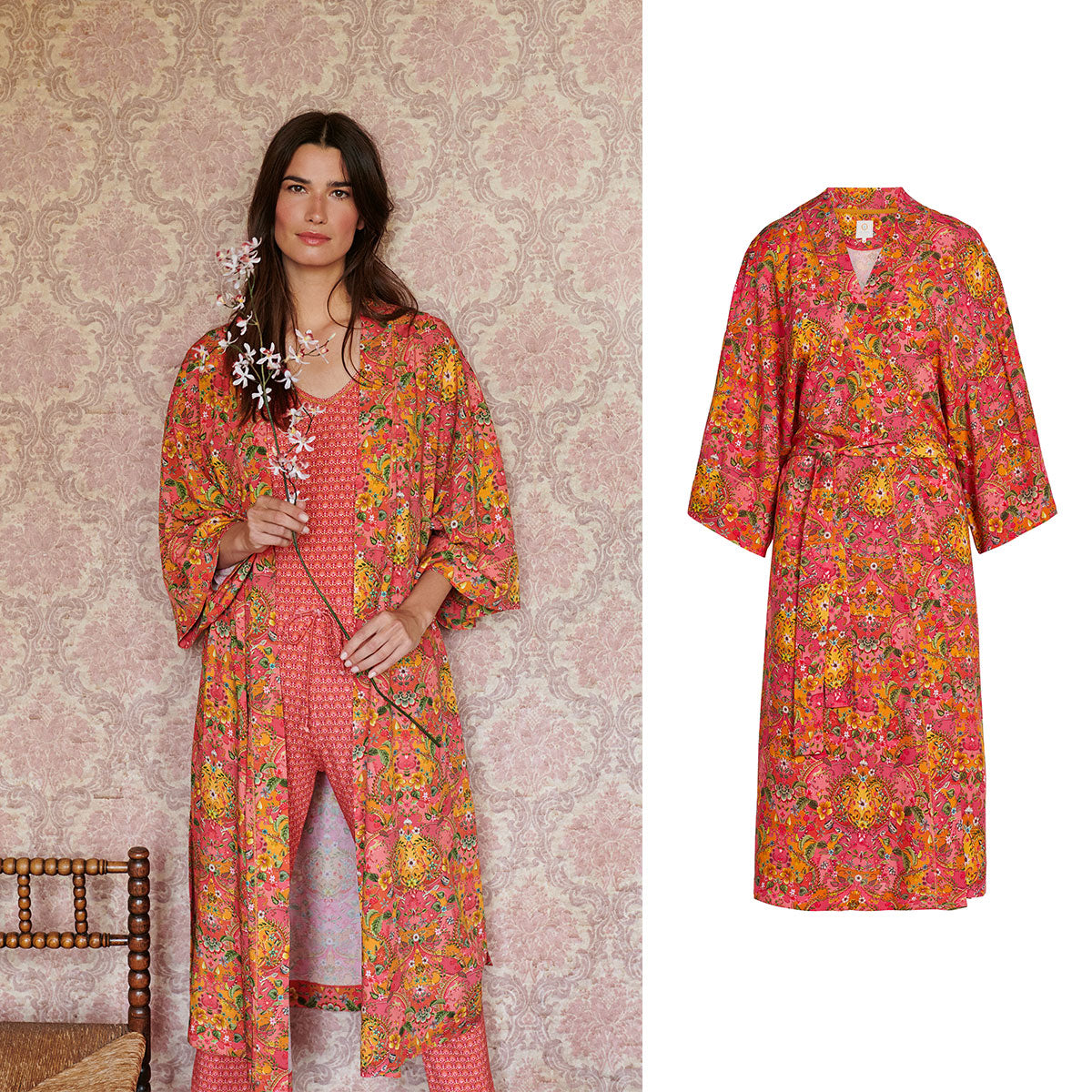 PIP Studio Naomi Pippadour Pink Kimono featuring vibrant floral print and tie belt closure, displayed elegantly.