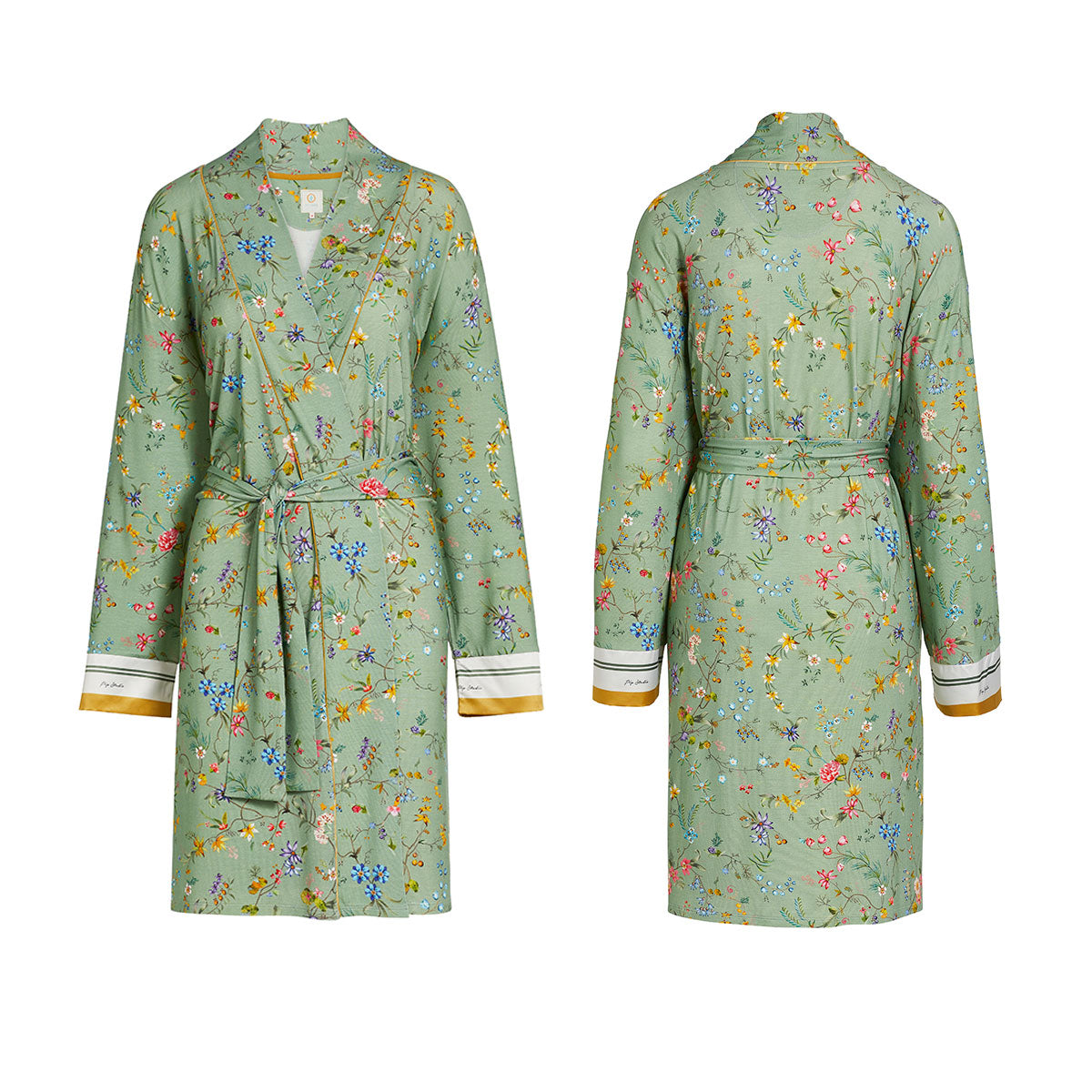 PIP Studio Nisha Petites Fleurs Green Kimono Bath Robe XL featuring vibrant floral patterns and yellow accents at the wrists.