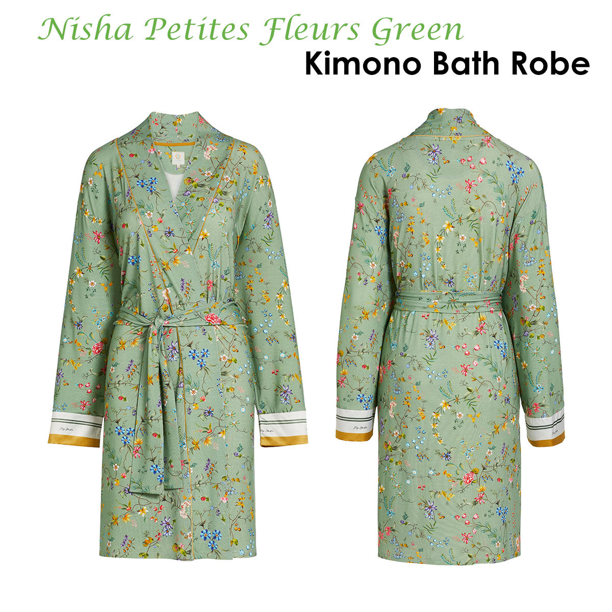 PIP Studio Nisha Petites Fleurs Green Kimono Bath Robe XL featuring vibrant floral patterns and yellow accents at the wrists.