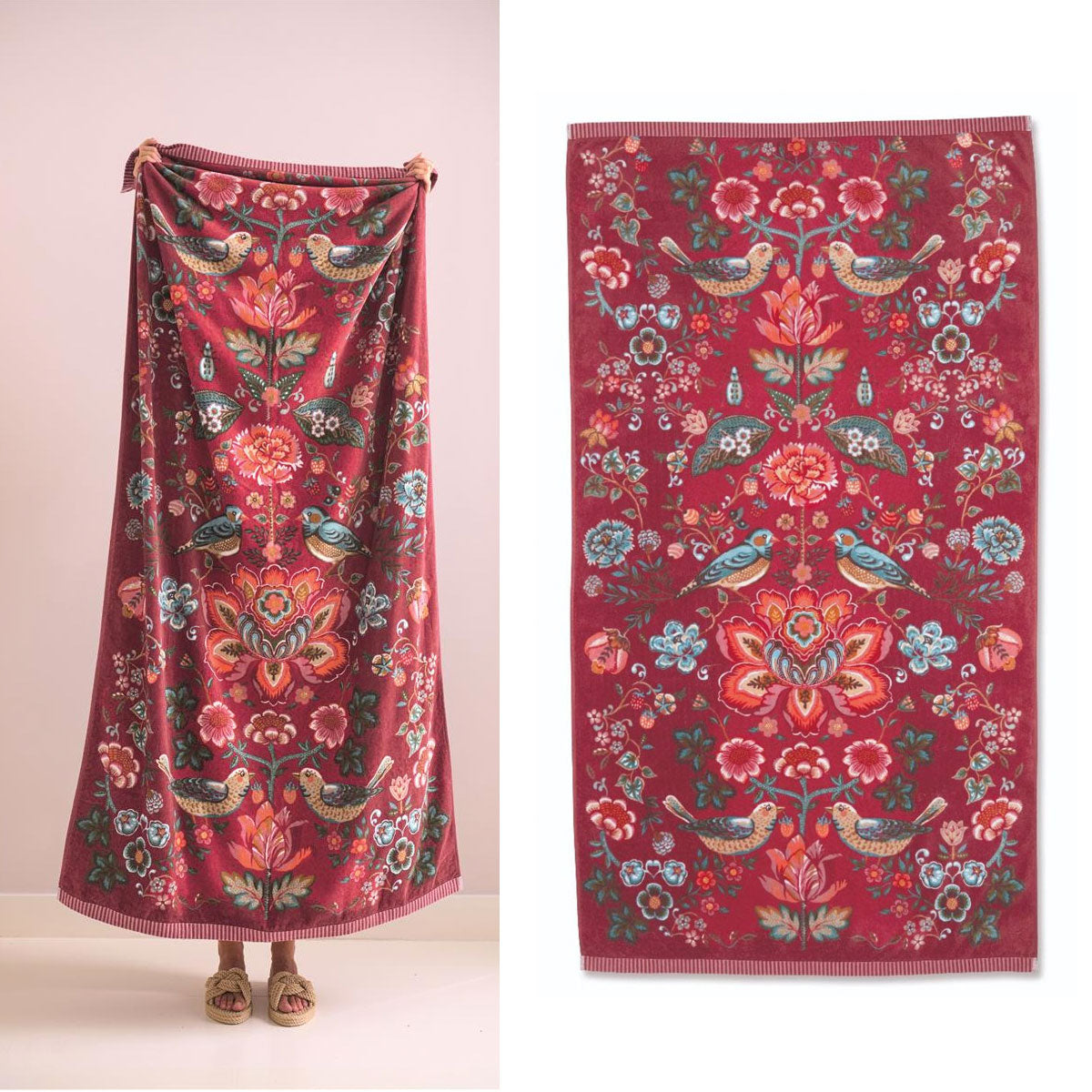 PIP Studio Oh My Darling Red Cotton Beach Towel featuring a vibrant floral design in multiple colors, measuring 100cm x 180cm.