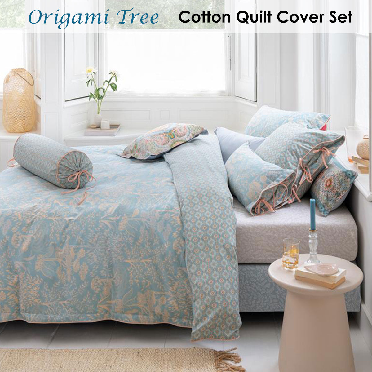 PIP Studio Origami Tree Light Blue Quilt Cover Set featuring intricate tree and bird patterns in vibrant colors.