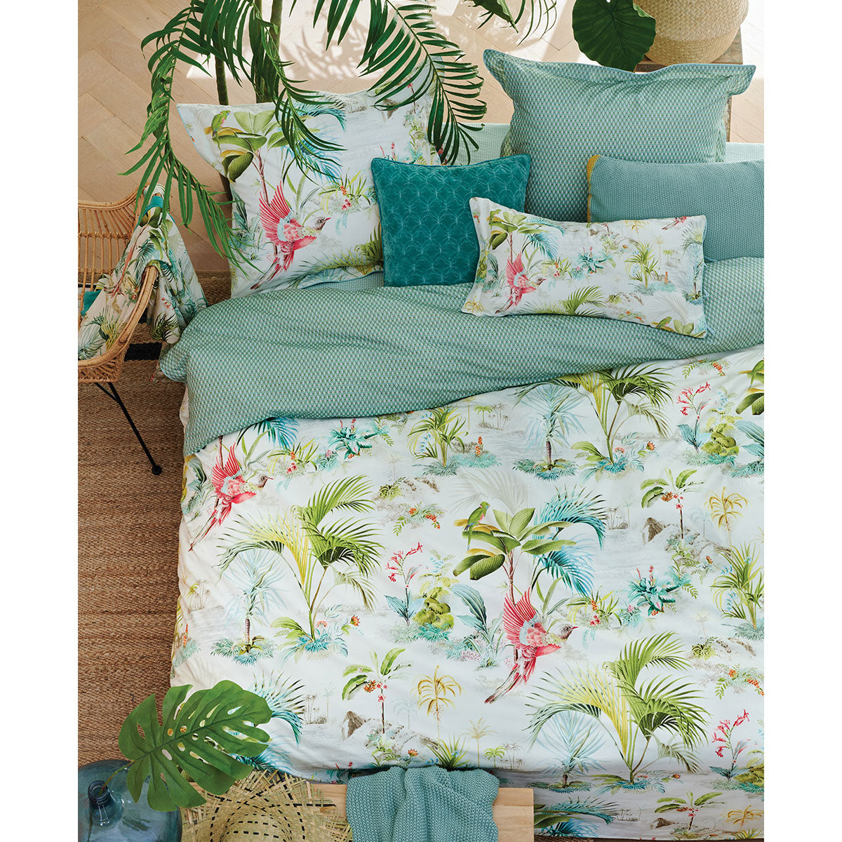 PIP Studio Palm Scenes White Cotton Quilt Cover Set featuring tropical print with palm trees and exotic birds.