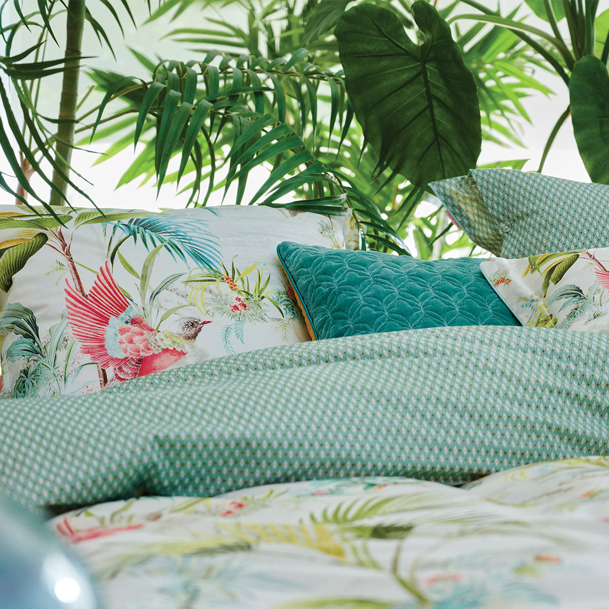 PIP Studio Palm Scenes White Cotton Quilt Cover Set featuring tropical print with palm trees and exotic birds.