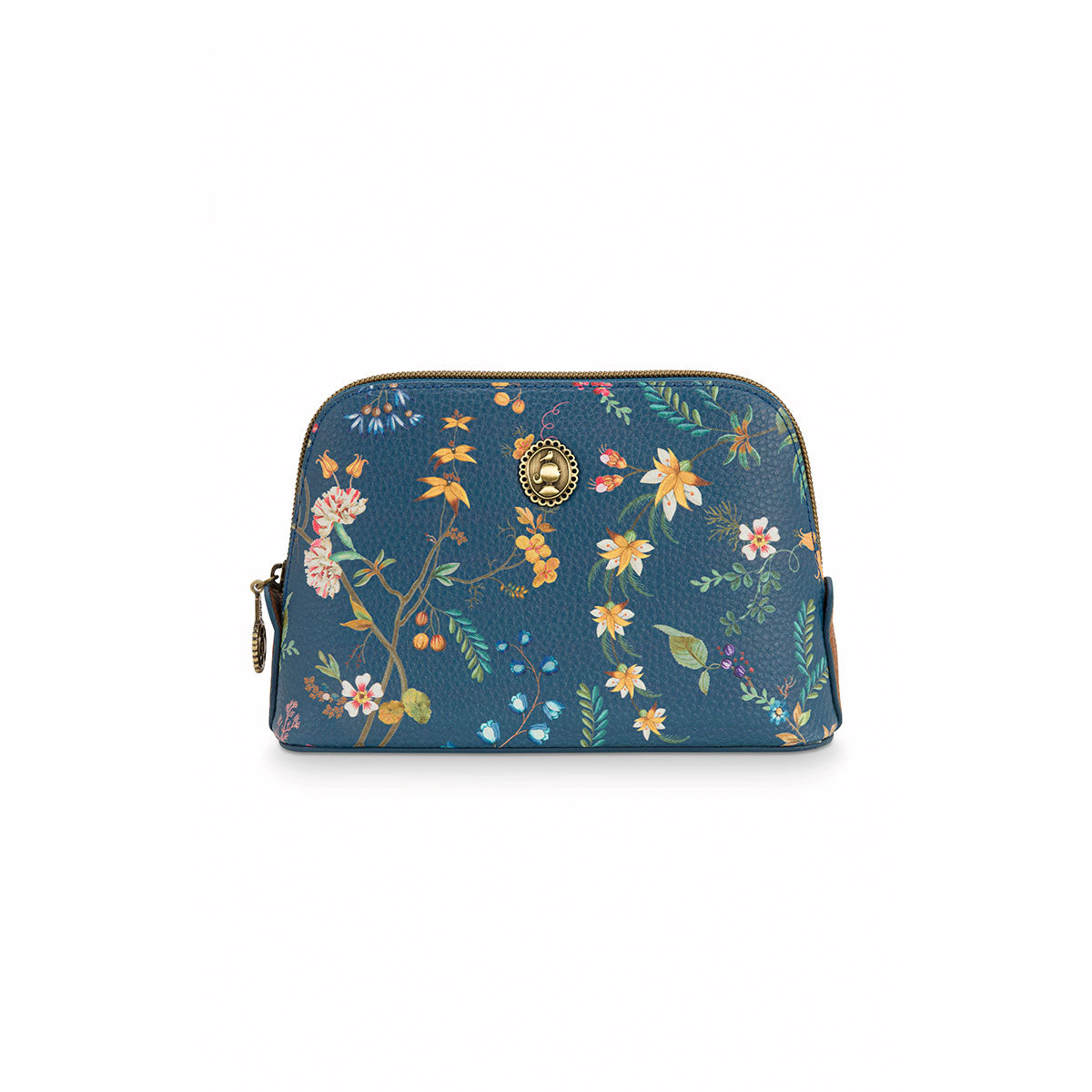 PIP Studio Petites Fleurs Dark Blue Small Triangle Cosmetic Bag featuring exotic floral print and faux leather trim.