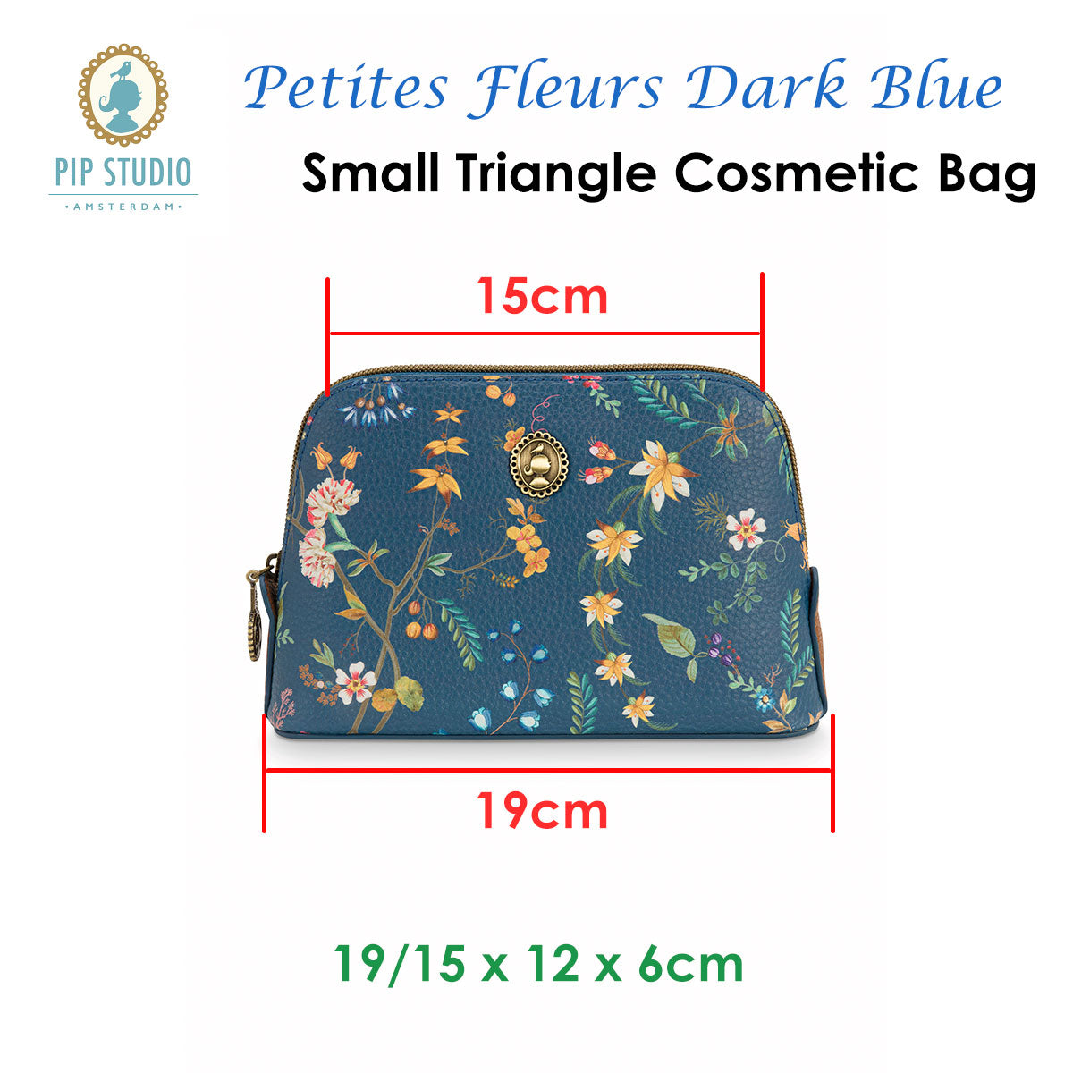 PIP Studio Petites Fleurs Dark Blue Small Triangle Cosmetic Bag featuring exotic floral print and faux leather trim.