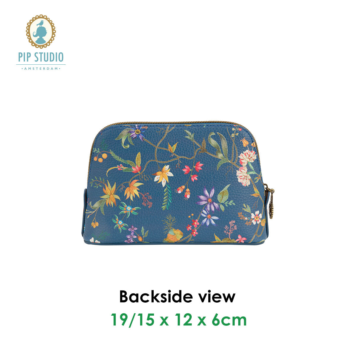 PIP Studio Petites Fleurs Dark Blue Small Triangle Cosmetic Bag featuring exotic floral print and faux leather trim.