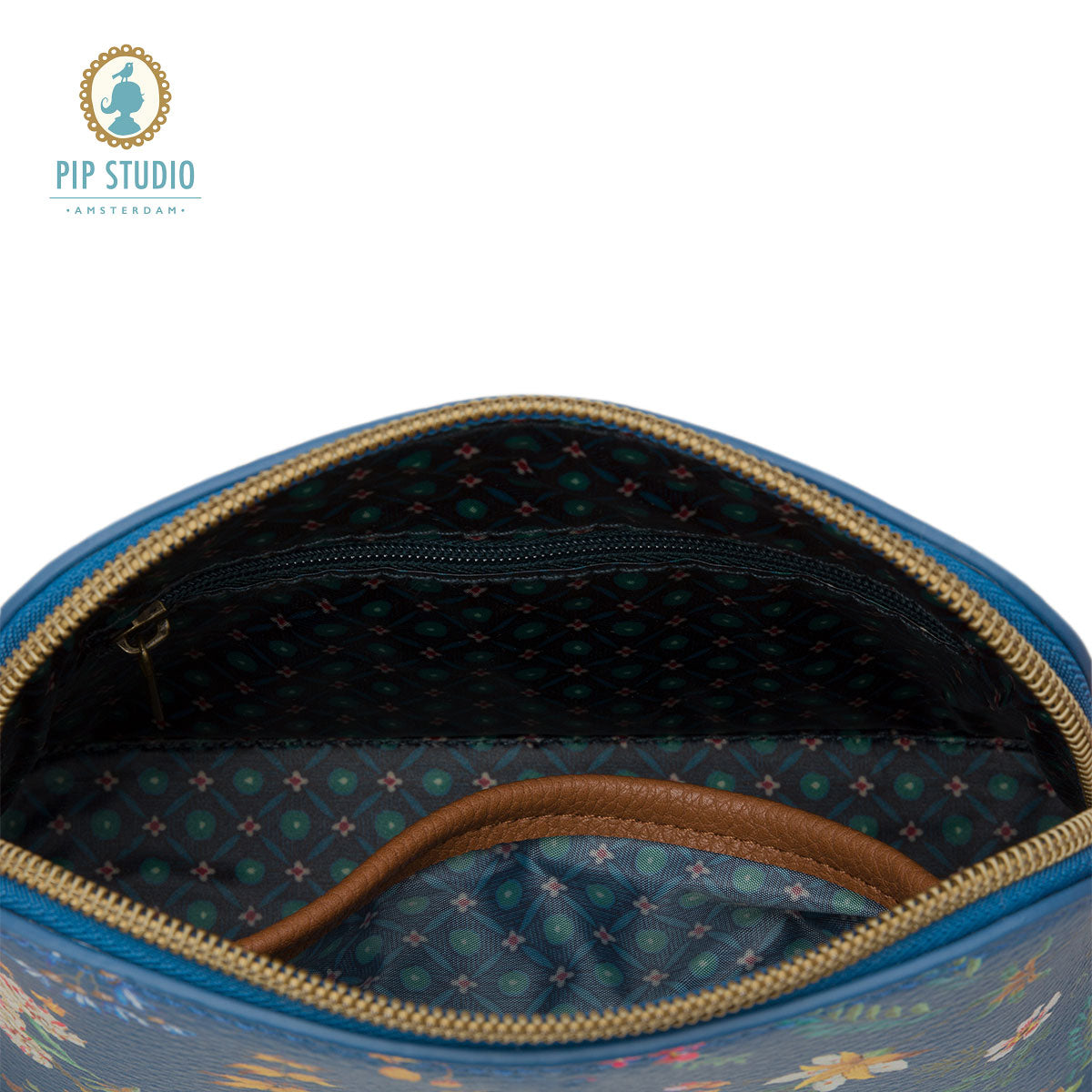 PIP Studio Petites Fleurs Dark Blue Small Triangle Cosmetic Bag featuring exotic floral print and faux leather trim.