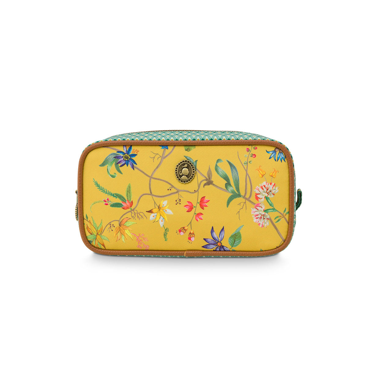 PIP Studio Petites Fleurs Yellow Small Square Cosmetic Bag featuring vibrant floral print on a yellow background with faux leather trim.