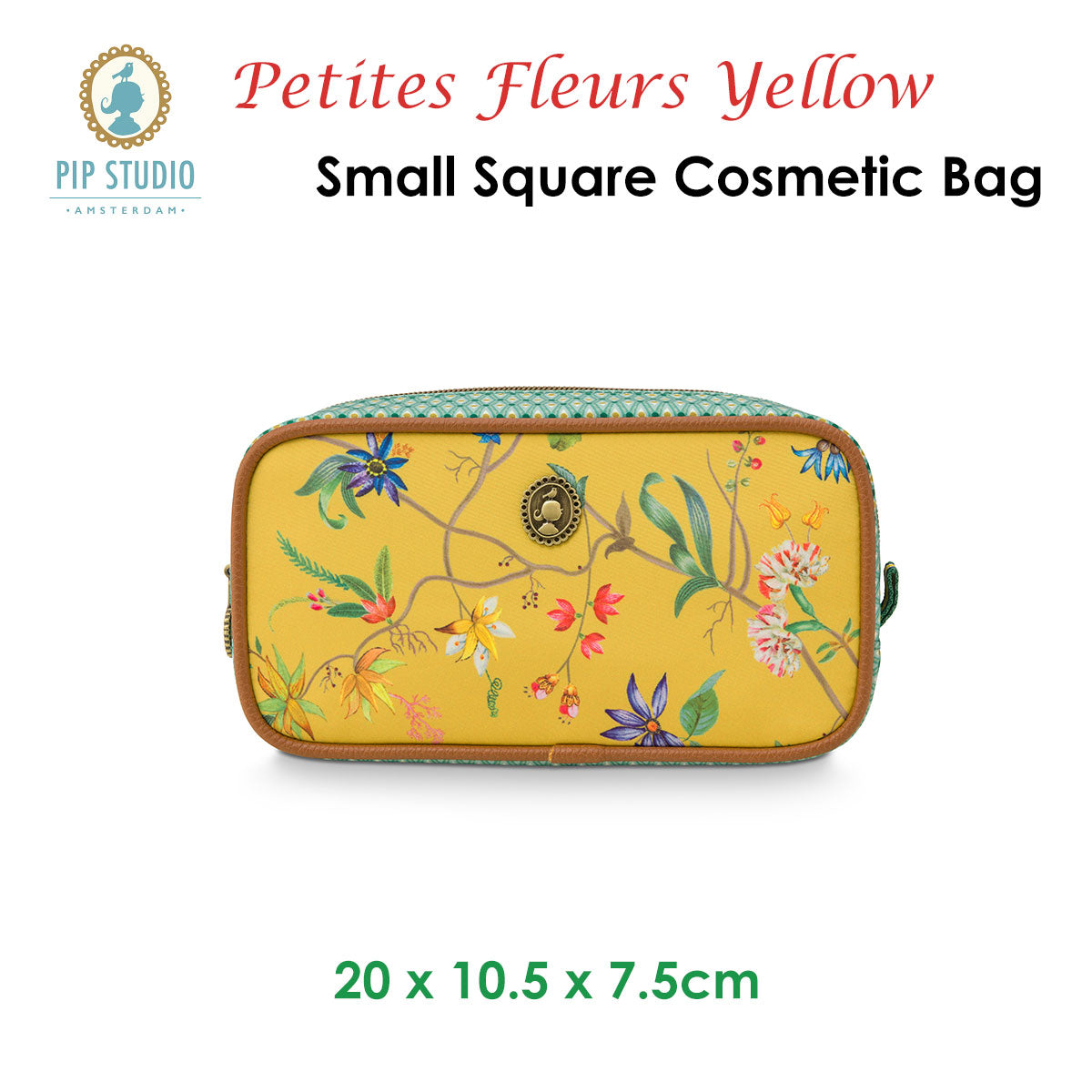 PIP Studio Petites Fleurs Yellow Small Square Cosmetic Bag featuring vibrant floral print on a yellow background with faux leather trim.