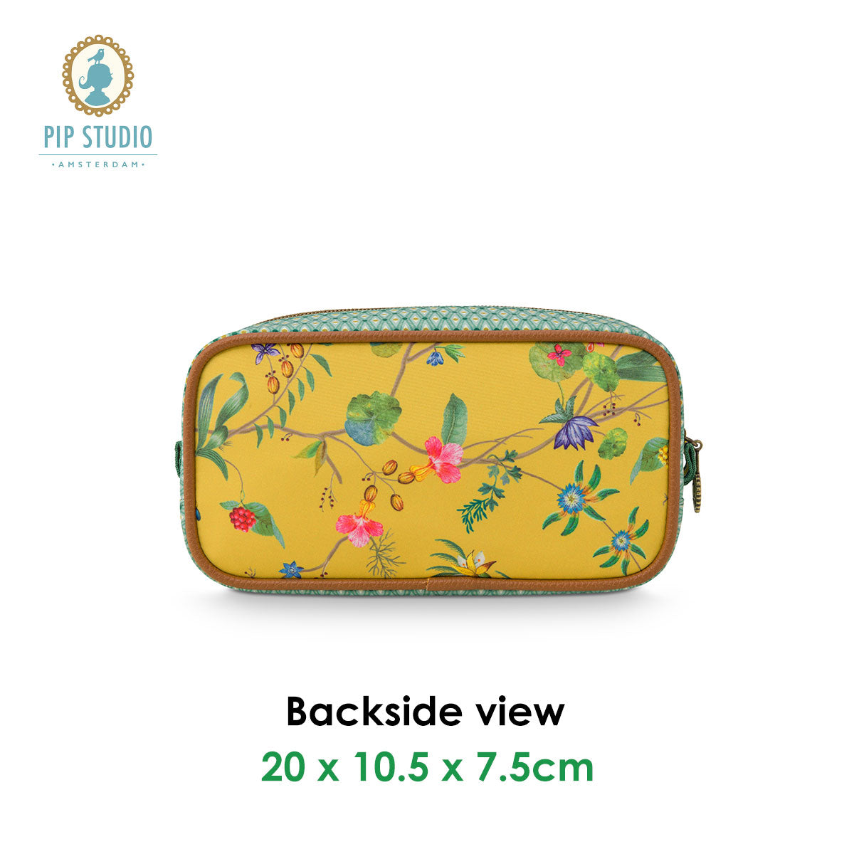 PIP Studio Petites Fleurs Yellow Small Square Cosmetic Bag featuring vibrant floral print on a yellow background with faux leather trim.