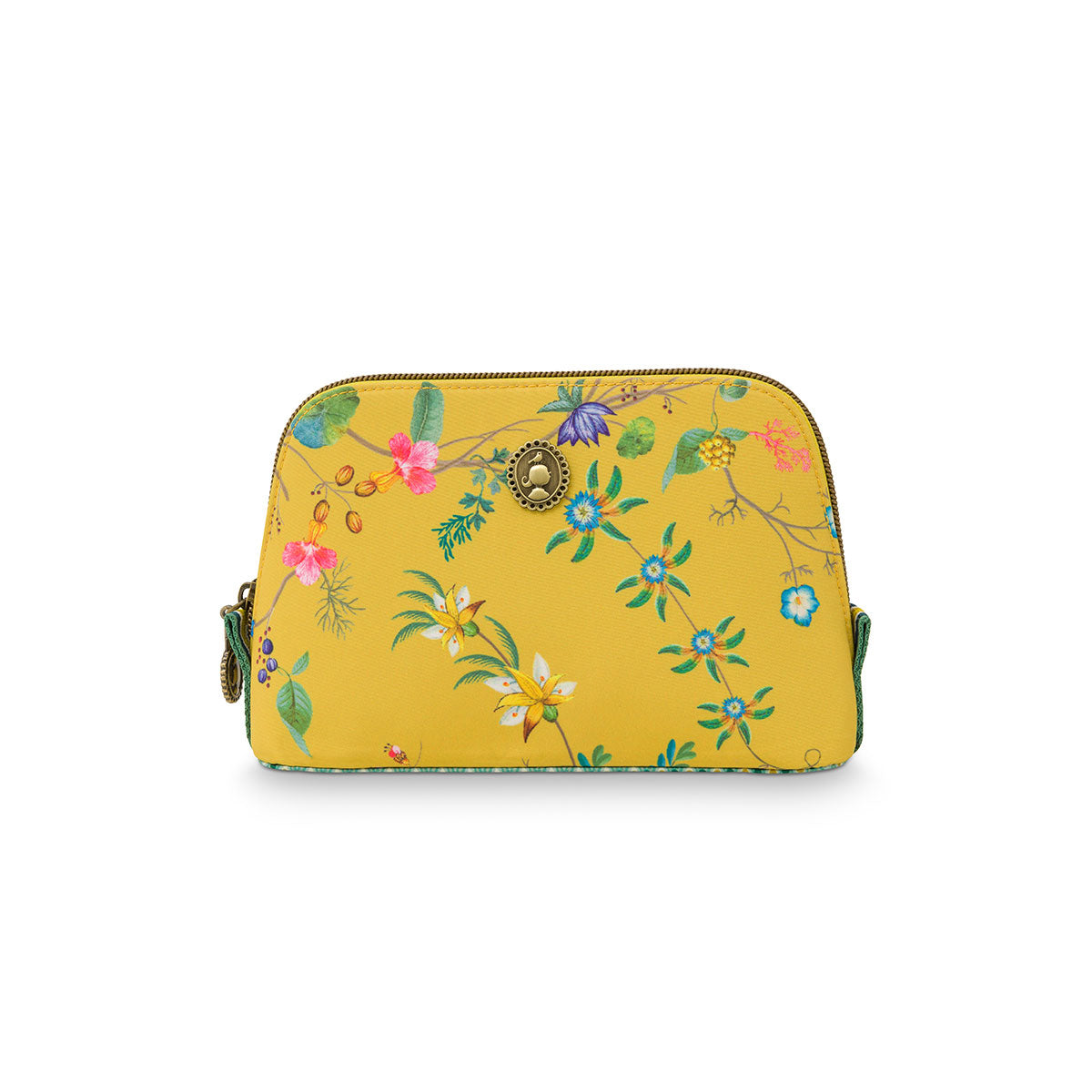 PIP Studio Petites Fleurs Yellow Small Triangle Cosmetic Bag featuring vibrant floral print on a yellow background with faux leather trim.