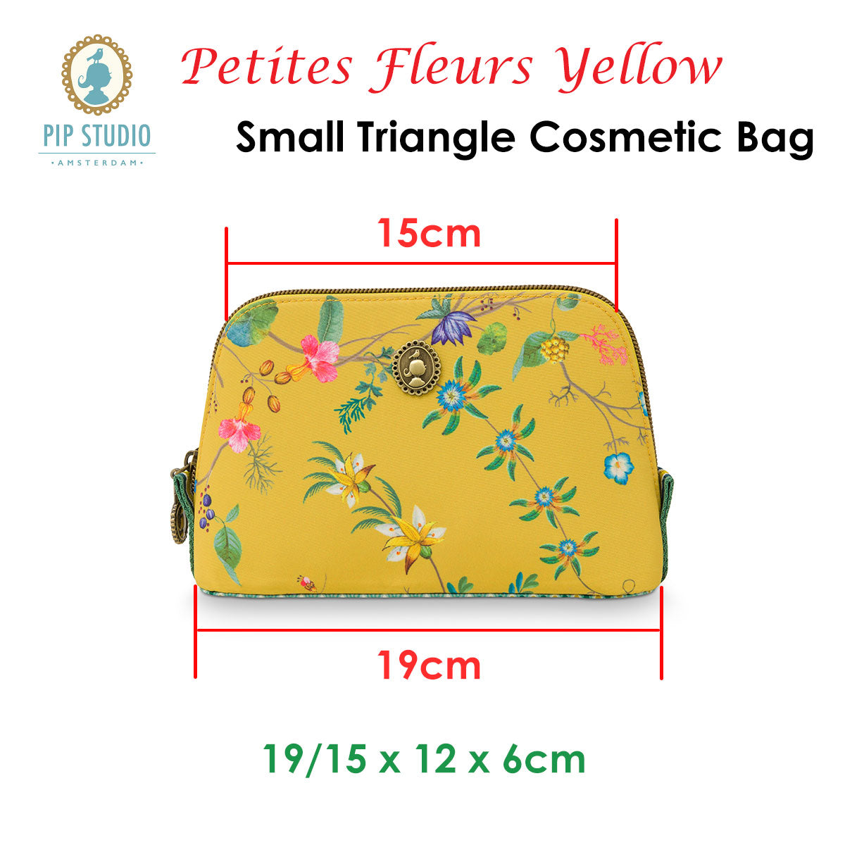 PIP Studio Petites Fleurs Yellow Small Triangle Cosmetic Bag featuring vibrant floral print on a yellow background with faux leather trim.