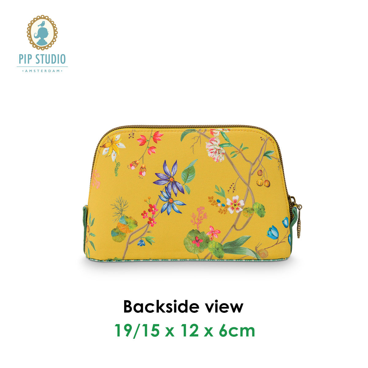 PIP Studio Petites Fleurs Yellow Small Triangle Cosmetic Bag featuring vibrant floral print on a yellow background with faux leather trim.