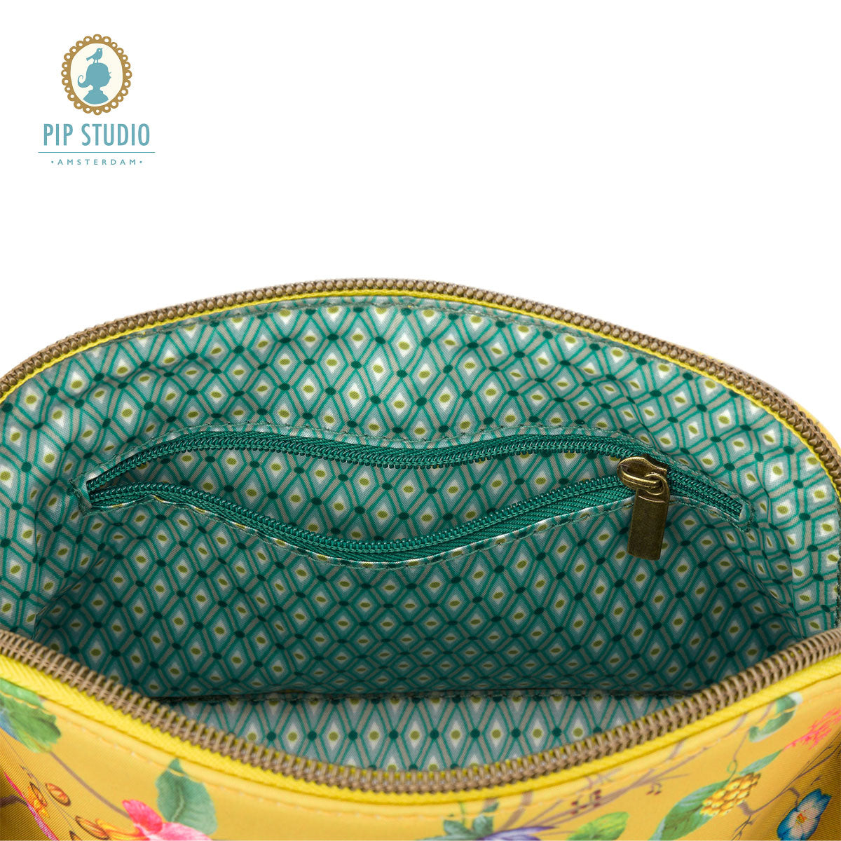 PIP Studio Petites Fleurs Yellow Small Triangle Cosmetic Bag featuring vibrant floral print on a yellow background with faux leather trim.