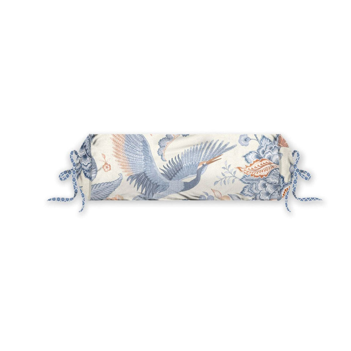 PIP Studio Royal Birds Blue Neckroll Cushion featuring a beautiful foliage and bird design in soft grey, blue, and red tones.