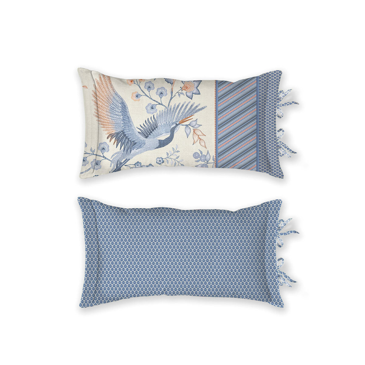 PIP Studio Royal Birds Blue Oblong Cushion featuring a bird and floral design in soft grey, blue, and red tones.