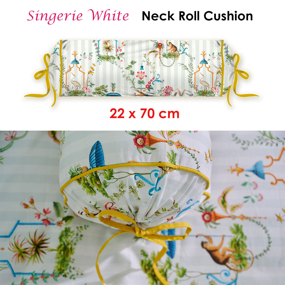 PIP Studio Singerie White Neck Roll Cushion featuring colorful bird and monkey prints on a white background with decorative cord piping.