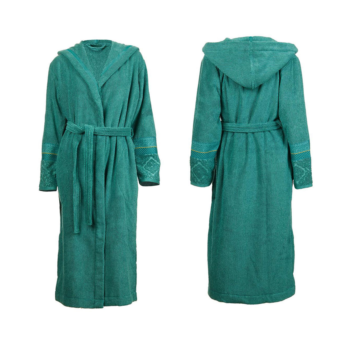 PIP Studio Soft Zellige Cotton Bath Robe in Green with floral print, featuring a hood and pockets.