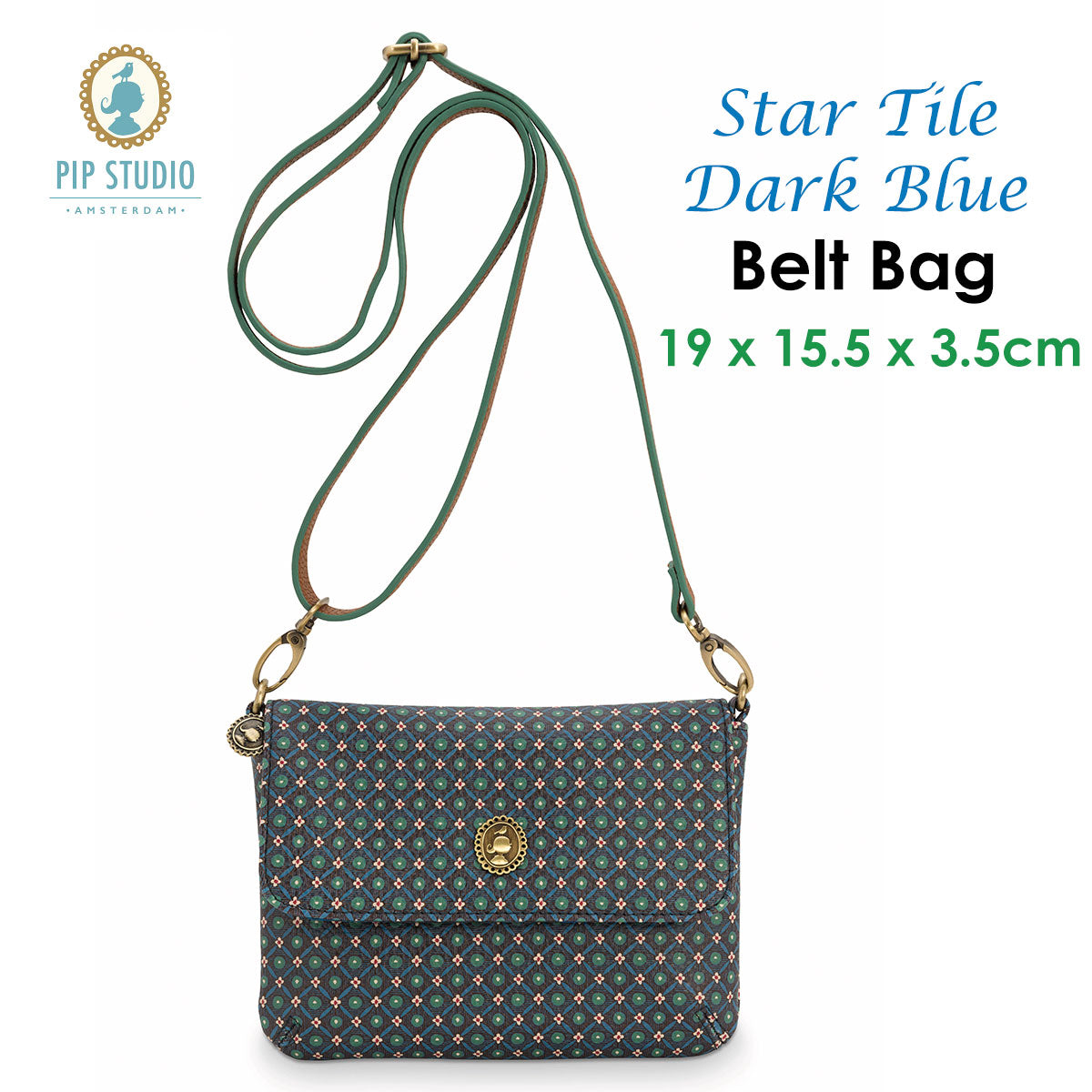 PIP Studio Star Tile Dark Blue Belt Bag featuring a geometric print in rich colors on a dark background.