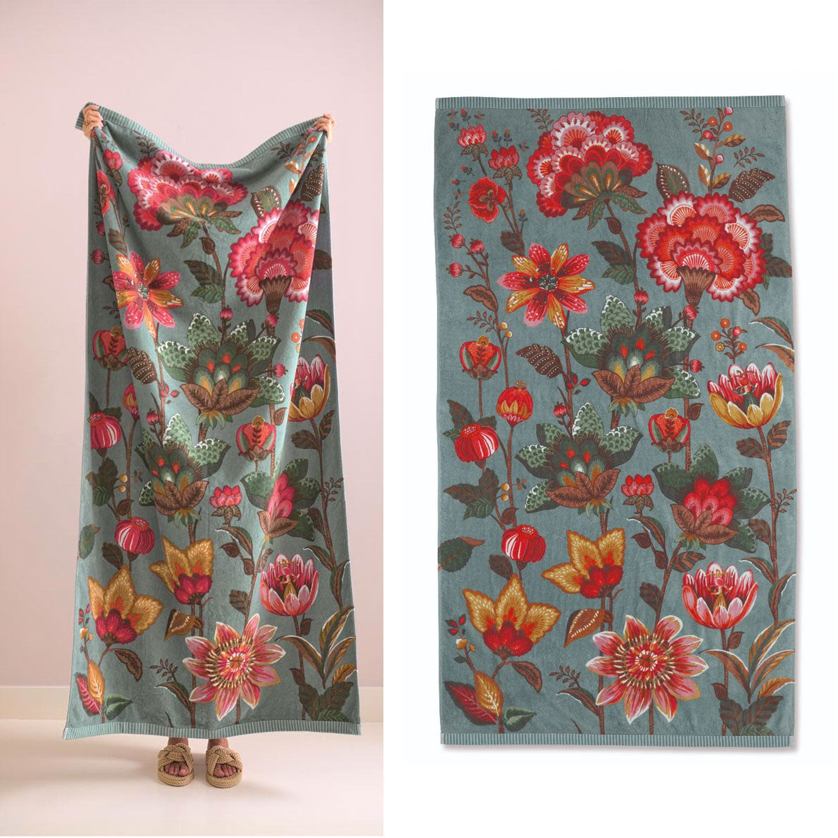 PIP Studio Sunny Side Up Light Blue Cotton Beach Towel featuring a vibrant floral design, measuring 100cm x 180cm, perfect for beach outings.