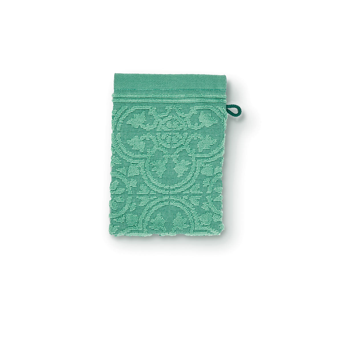 PIP Studio Tile de Pip Green Wash Mitt featuring a tonal woven tile print, soft cotton terry fabric, and practical loop for hanging.