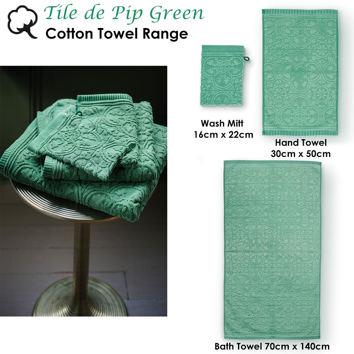 PIP Studio Tile de Pip Green Wash Mitt featuring a tonal woven tile print, soft cotton terry fabric, and practical loop for hanging.