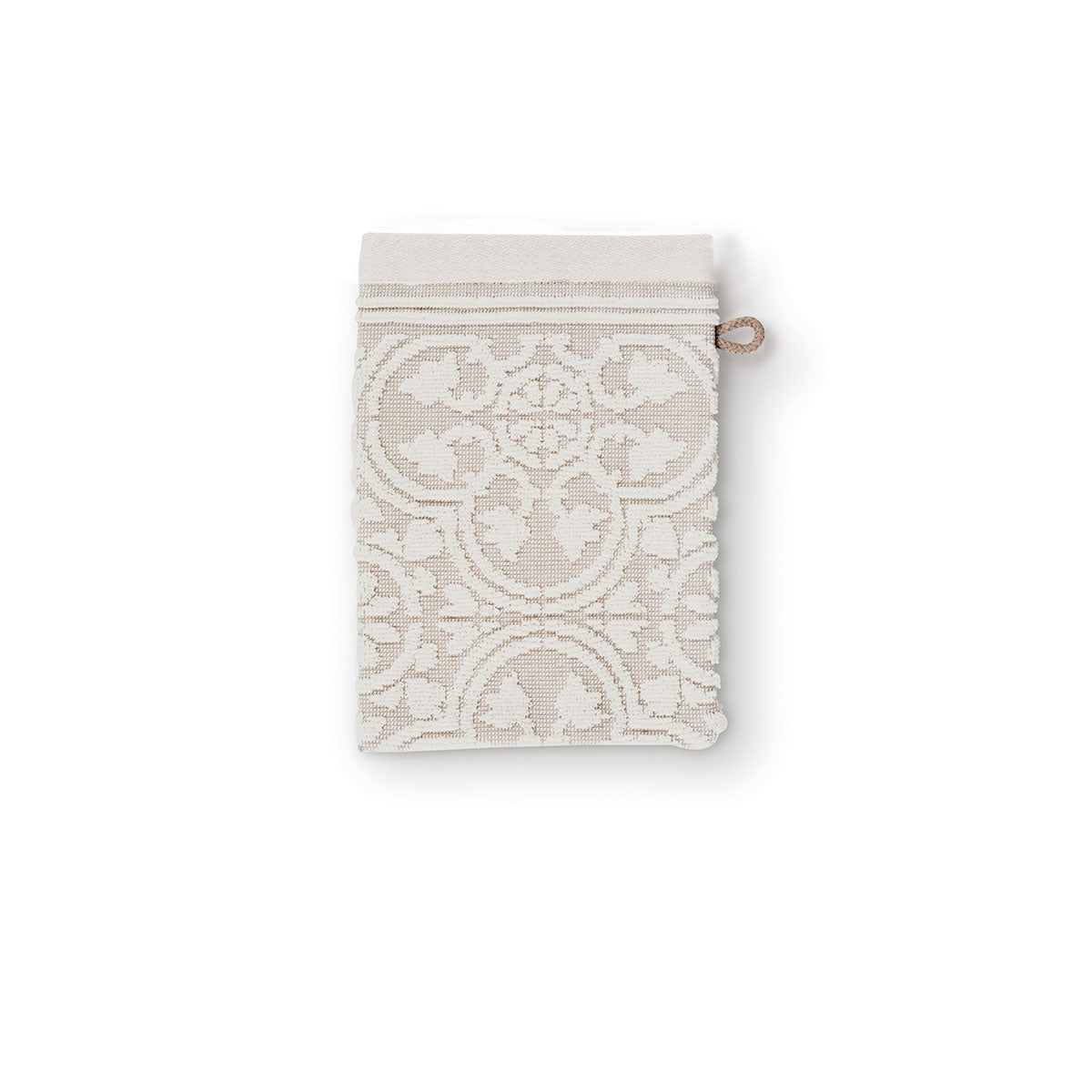 PIP Studio Tile de Pip Khaki Wash Mitt featuring a tonal woven tile print, soft cotton terry fabric, and a practical hanging loop.