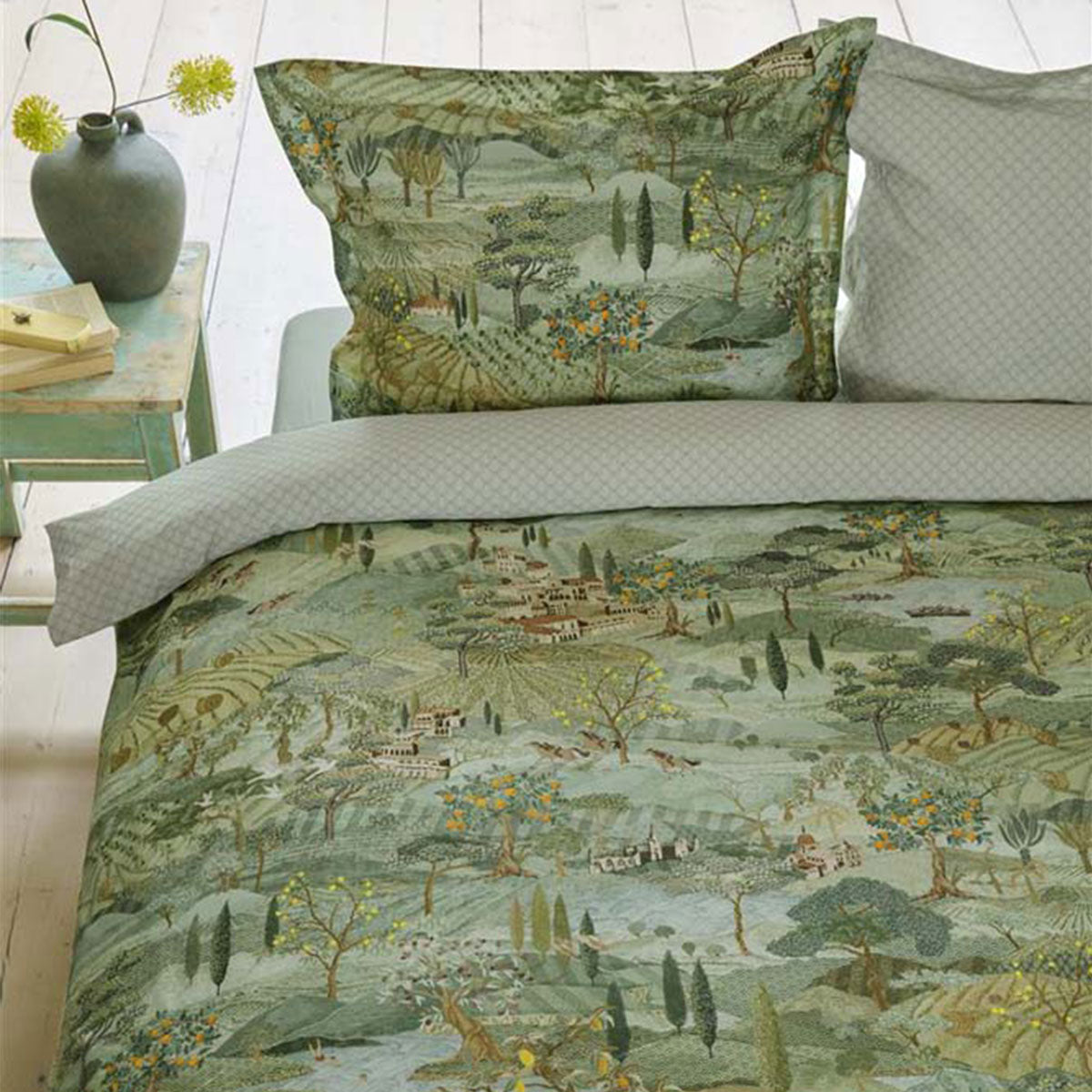 PIP Studio Toscana Green Cotton Quilt Cover Set featuring cypress trees print and luxurious design elements.