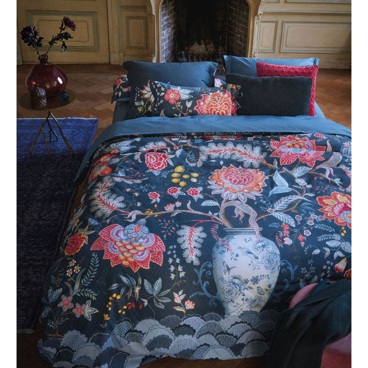 PIP Studio Tree of Life Dark Blue Quilt Cover Set King featuring floral design in dark blue, red, yellow, and cream colors.