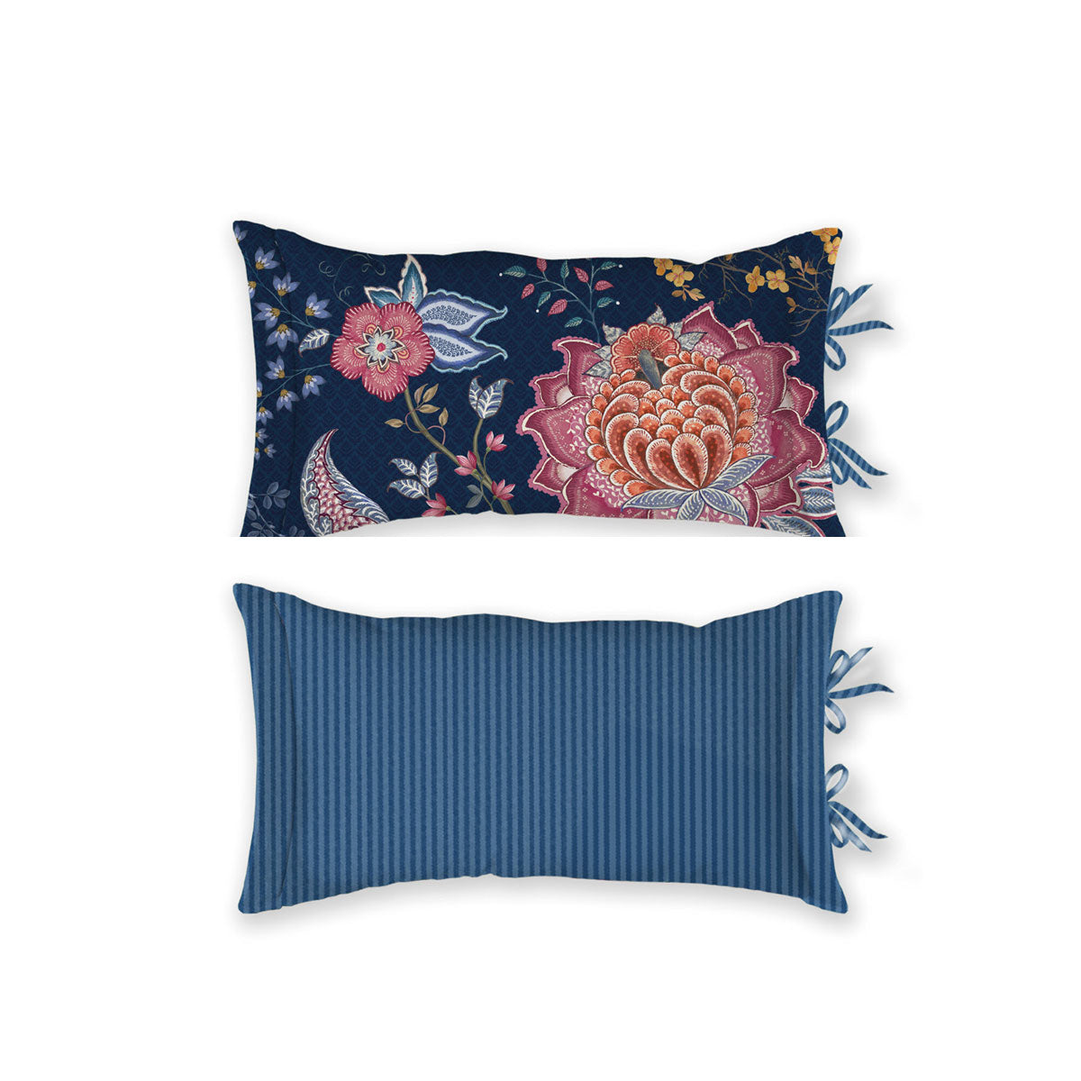 PIP Studio Tree of Life Dark Blue Oblong Cushion featuring a vibrant floral design in dark blue, red, yellow, grey, and cream colors.