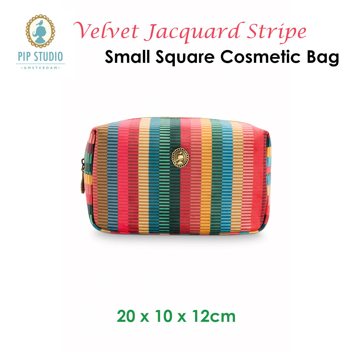 PIP Studio Velvet Jacquard Stripe Small Square Cosmetic Bag featuring vibrant colors and a luxurious velvet texture.