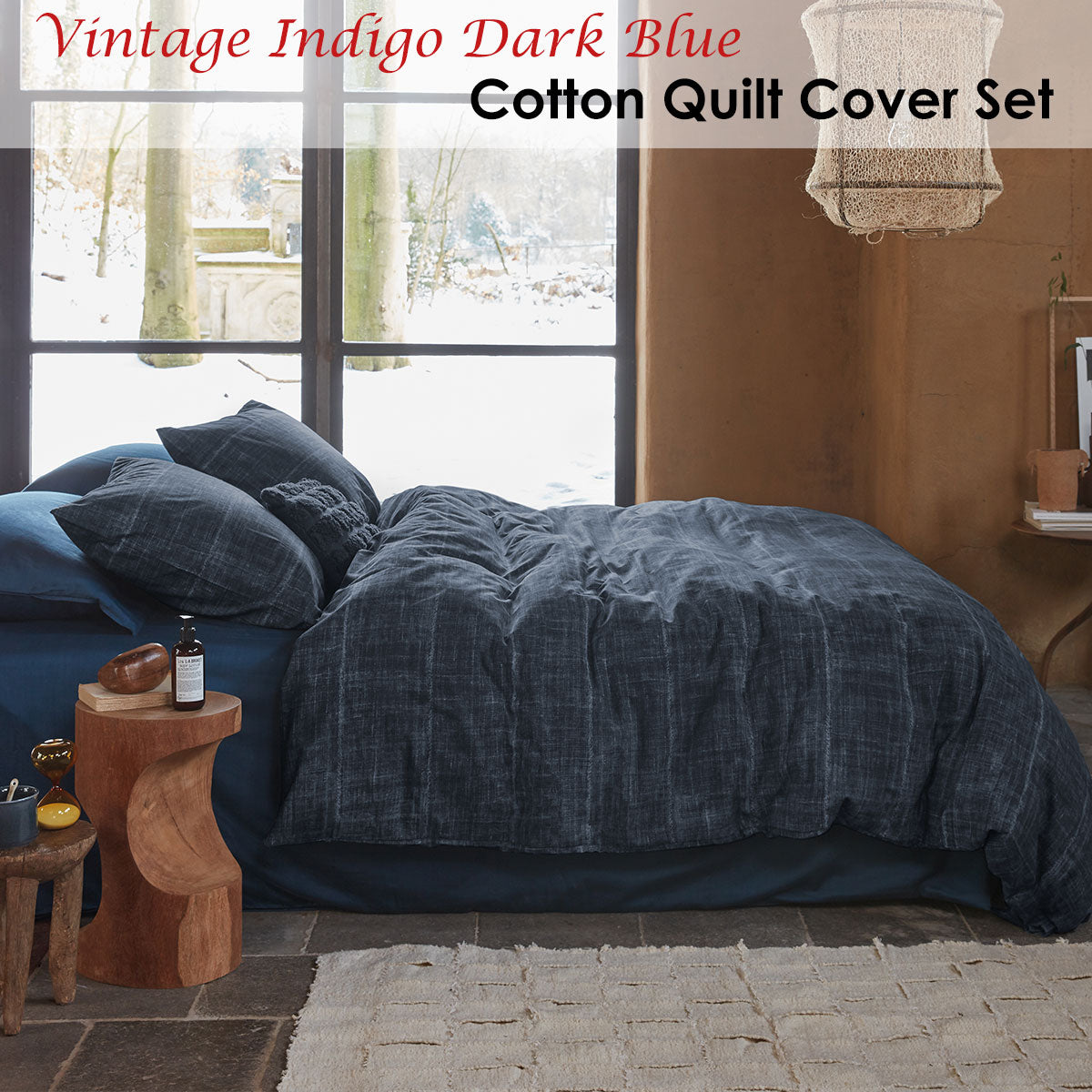 PIP Studio Vintage Indigo Dark Blue Cotton Quilt Cover Set featuring a jeans print design, perfect for a stylish bedroom.