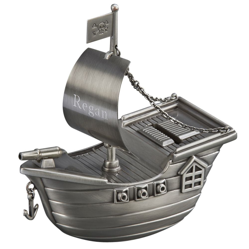 A detailed pirate ship bank with a brushed pewter finish, featuring an anchor and skull-and-crossbones flag.