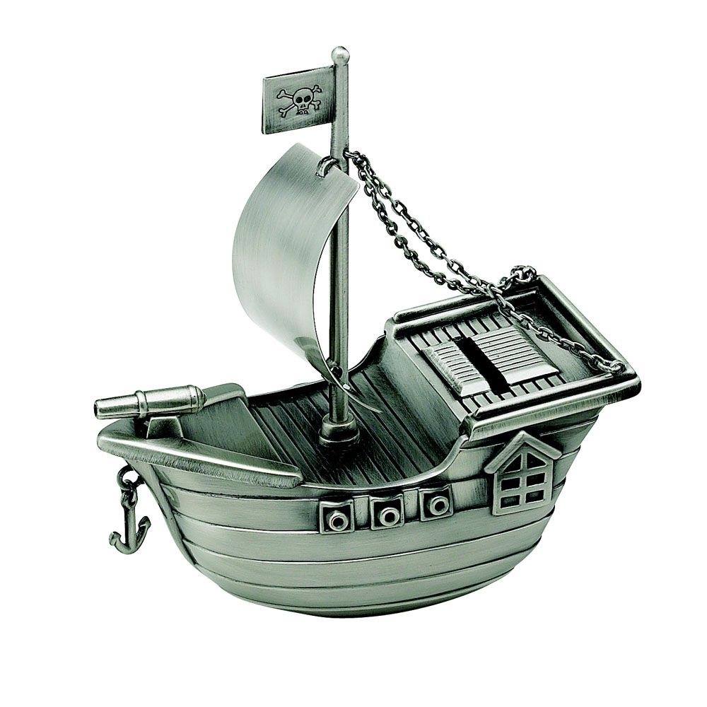 A detailed pirate ship bank with a brushed pewter finish, featuring an anchor and skull-and-crossbones flag.