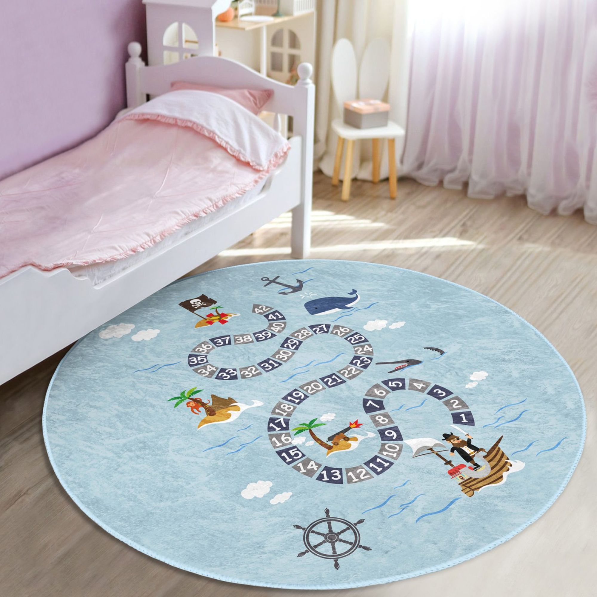 Pirates Island Pattern Blue Whale Printed Kids Rug featuring vibrant colors and a playful design, perfect for children's rooms.