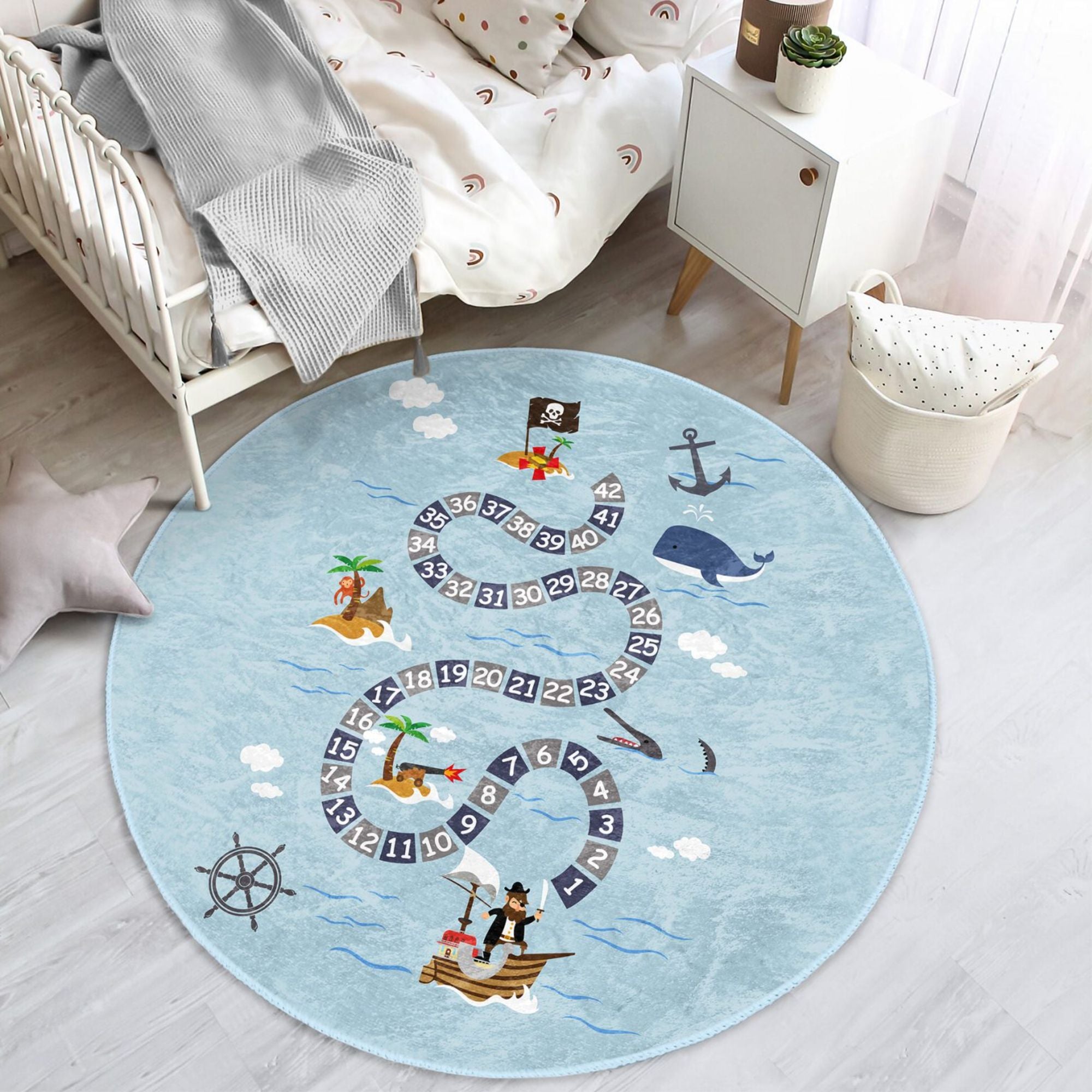 Pirates Island Pattern Blue Whale Printed Kids Rug featuring vibrant colors and a playful design, perfect for children's rooms.