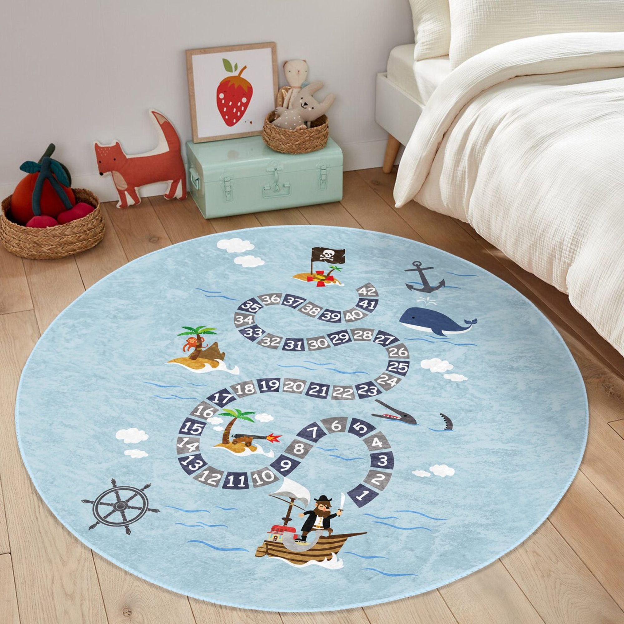 Pirates Island Pattern Blue Whale Printed Kids Rug featuring vibrant colors and a playful design, perfect for children's rooms.