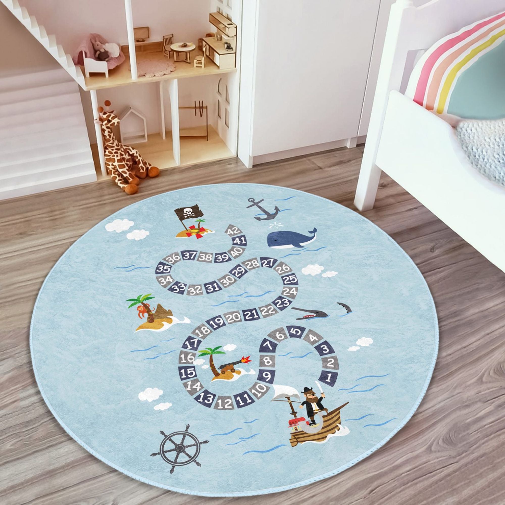 Pirates Island Pattern Blue Whale Printed Kids Rug featuring vibrant colors and a playful design, perfect for children's rooms.