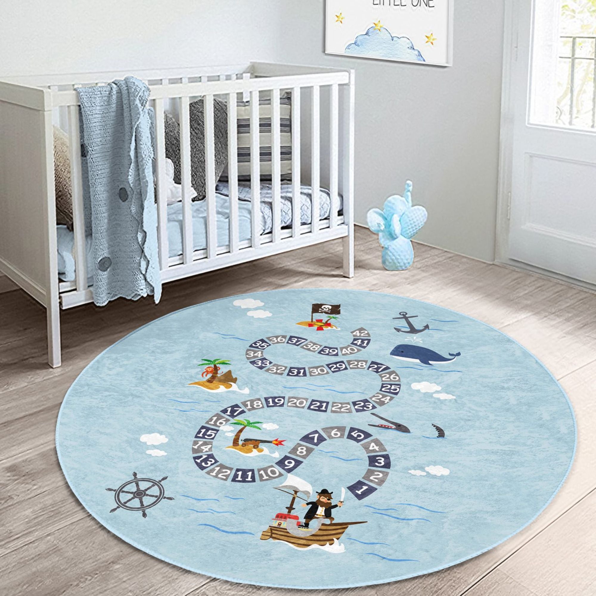 Pirates Island Pattern Blue Whale Printed Kids Rug featuring vibrant colors and a playful design, perfect for children's rooms.