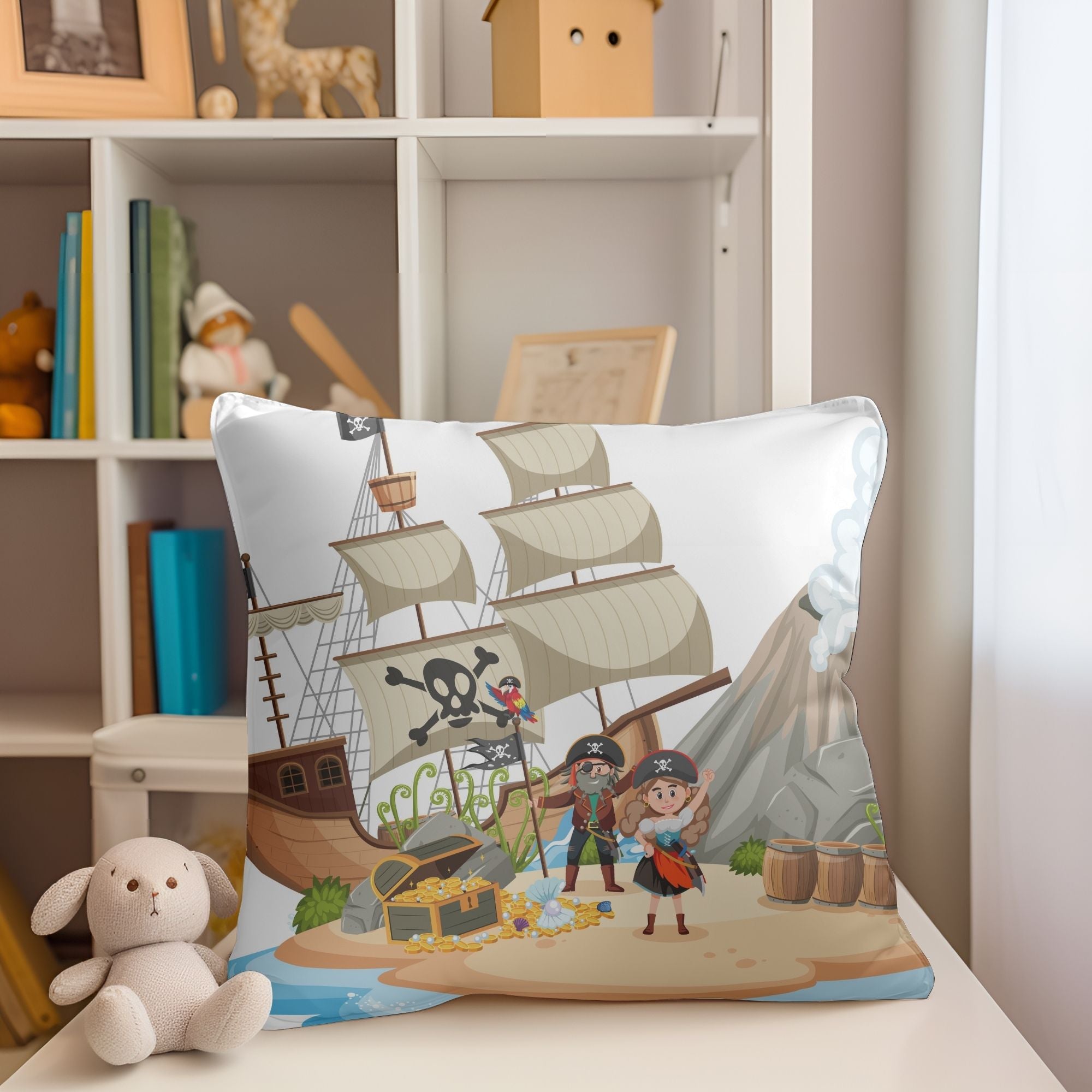 Pirates on the Island Kids Pillow featuring vibrant pirate graphics on one side and a light cream back, perfect for children's rooms.